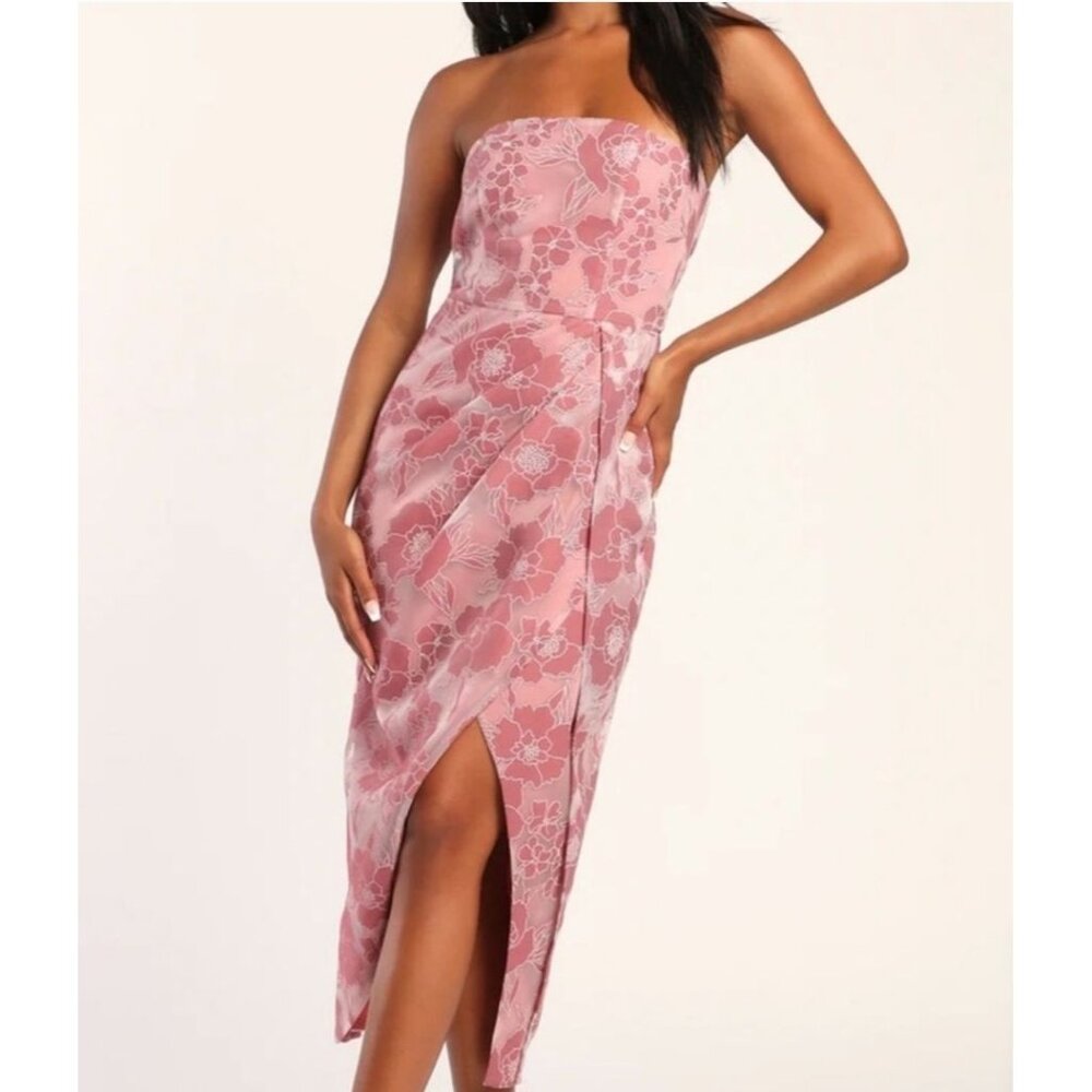 Lulu's Dreamy Vision Mauve Floral Burnout Jacquard Strapless Midi Dress, M, NWT